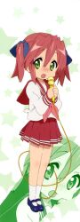 1girl absurdres anime_coloring artist_request black_shoes blush bow cable dot_nose double-parted_bangs full_body green_background green_eyes grey_bow hair_between_eyes hair_bow hands_up highres holding holding_microphone kobayakawa_yutaka legs_together long_sleeves looking_at_viewer lucky_star mary_janes medium_hair microphone neckerchief nose_blush official_art open_mouth own_hands_together pleated_skirt raised_eyebrows red_hair red_neckerchief red_sailor_collar red_skirt red_trim ryouou_school_uniform sailor_collar scan school_uniform serafuku shoes short_twintails skirt socks standing star_(symbol) star_symbol_background third-party_source twintails two-handed white_background white_serafuku white_socks zoom_layer