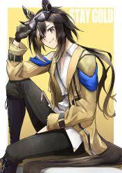 1girl adjusting_eyewear animal_ears black_boots black_gloves black_pants boots border brown_eyes brown_hair character_name coat gloves goggles goggles_on_head gradient_hair grin hair_between_eyes highres horse_ears horse_girl horse_tail knee_boots long_hair long_sleeves looking_at_viewer luna_(gkluna_mas) multicolored_hair outside_border pants shirt simple_background sitting smile solo stay_gold_(umamusume) tail torn_clothes torn_pants umamusume white_border yellow_background yellow_coat