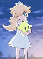 Rule 34 | 1girl, aged down, blonde hair, blue eyes, closed mouth, crown, dress, eyelashes, hair over one eye, highres, long hair, looking at viewer, luma (mario), mario (series), nintendo, rosalina, sasaki sakiko, sky, sleeveless, sleeveless dress, star (sky), starry sky, super mario galaxy, twitter username, white dress