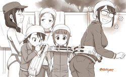 5girls :d ass bare_shoulders blush brown_theme ebifly closed_eyes glasses gym_uniform hair_flaps hair_over_shoulder hand_up headscarf hodaka_natsumi houkago_teibou_nisshi jacket kotani_sayaka kuroiwa_yuuki life_vest long_sleeves monochrome multiple_girls one-piece_swimsuit oono_makoto opaque_glasses open_mouth pants ponytail short_hair smile standing swimsuit track_suit tree tsurugi_hina wall