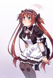 1girl airi_(queen&#039;s_blade) airi_(the_infernal_temptress) apron black_bow black_dress black_nails black_ribbon black_thighhighs blue_eyes bow bowtie breasts cleavage cleavage_cutout closed_mouth clothing_cutout commentary_request dress frilled_apron frilled_dress frilled_headwear frilled_sleeves frilled_wristband frills hair_bow hair_ribbon happy_birthday highres itou_kanae maid maid_apron maid_headdress medium_breasts nifffi queen&#039;s_blade red_hair ribbon short_dress short_sleeves short_twintails thighhighs twintails two_side_up