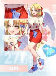 Rule 34 | 1girl, absurdres, adapted costume, angel wings, blonde hair, blue footwear, blue nails, blue ribbon, bobby socks, bow, close-up, feathered wings, fingernails, full body, gengetsu (touhou), gensokyo, guumin, hair bow, hair ribbon, highres, medium hair, miniskirt, multiple views, nail polish, open mouth, red bow, red ribbon, red skirt, ribbon, shirt, skirt, socks, touhou, touhou (pc-98), v, white footwear, white shirt, white wings, wings, yellow eyes