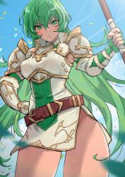 1girl angry armor armored_dress armpits belt blue_sky blush breastplate breasts brown_belt closed_mouth commentary_request detached_sleeves dress erinys_(fire_emblem) fingerless_gloves fire_emblem fire_emblem:_genealogy_of_the_holy_war gloves green_hair hand_on_own_hip highres holding holding_polearm holding_weapon long_hair looking_at_viewer medium_breasts nintendo pauldrons polearm sarad_udon short_dress shoulder_armor sky solo spear thighs very_long_hair weapon white_dress