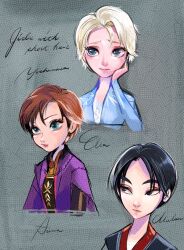 3girls alternate_costume anna_(frozen) black_hair blonde_hair blue_eyes brown_eyes brown_hair bumble_tmnt chinese_clothes elsa_(frozen) fa_mulan_(disney) frozen_(disney) hanfu highres jewelry looking_at_viewer makeup mulan_(movie) multiple_girls short_hair siblings sisters