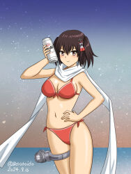 1girl beer_can bikini black_hair breasts brown_eyes can commentary_request cowboy_shot dated drink_can geru hair_ornament hand_on_own_hip holding holding_can kantai_collection medium_breasts red_bikini scarf searchlight sendai_(kancolle) sendai_kai_ni_(kancolle) side-tie_bikini_bottom solo swimsuit twitter_username two_side_up white_scarf