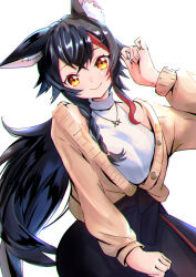 1girl animal_ear_fluff animal_ears black_skirt hair_ornament hairpin hololive long_hair official_alternate_costume ookami_mio ookami_mio_(street) ponytail shirt skirt smile solo very_long_hair virtual_youtuber white_shirt wolf_ears wolf_girl yellow_eyes yuusaku_(nekorakuda)