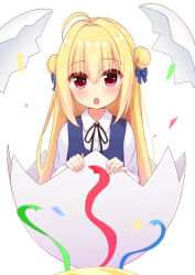 1girl :o aged_down ahoge birthday black_ribbon blonde_hair blue_bow blush bow broken_egg child collared_shirt commentary confetti double_bun egg eyes_visible_through_hair hair_between_eyes hair_bow hair_bun hair_intakes hamidashi_creative highres izumi_hiyori long_hair looking_at_viewer name_connection neck_ribbon open_mouth pun red_eyes ribbon shirt sidelocks solo straight_hair tuna_mayo0525 very_long_hair white_shirt