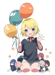 Rule 34 | &gt; &lt;, 6+girls, :d, balloon, black bow, black shirt, blonde hair, blue eyes, blue hair, blush, bow, bow choker, brown hair, choker, commentary request, donut, eating, food, full-body tattoo, grey hair, hair ornament, highres, holding, holding balloon, holding donut, holding food, medium hair, mini person, minigirl, mochigome (ununquadium), multiple girls, one side up, open mouth, original, pants, pink hair, pleated skirt, red hair, shirt, short shorts, shorts, sidelocks, simple background, sitting, skirt, smile, star (symbol), star hair ornament, swept bangs, tattoo, three-quarter sleeves, tied shirt, wariza, waving, white background, white pants, white shorts, white skirt