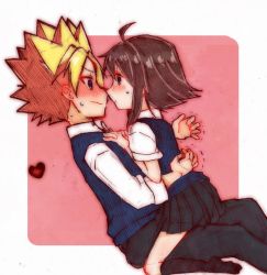 1boy 1girl blonde_hair blue_eyes blush brown_hair couple haruka_(saru_getchu) heart hug incipient_kiss kakeru_(saru_getchu) legs looking_at_another pants pointy_hair red_hair saru_getchu school_uniform short_hair skirt sony sweatdrop thighs traditional_media