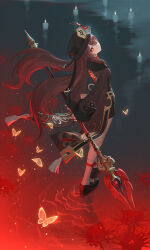 Rule 34 | 1girl, artist name, black footwear, black hat, brown dress, brown hair, bug, butterfly, candle, commentary request, dress, flower, flower-shaped pupils, genshin impact, hat, hat flower, highres, hu tao (genshin impact), insect, long hair, long sleeves, looking at viewer, looking back, outdoors, plum blossoms, porkpie hat, red eyes, rj (lingshih10), sleeves past wrists, socks, solo, spider lily, staff of homa (genshin impact), symbol-shaped pupils, walking, walking on liquid, water, white socks, yellow butterfly