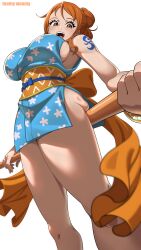 1girl 2024 absurdres alternate_costume arm_tattoo artist_name ass ass_press blue_bow blue_kimono blurry bow bracelet breasts brown_eyes clothing_cutout commentary depth_of_field english_commentary feet_out_of_frame female_focus foreshortening highres holding japanese_clothes jewelry kimono large_breasts looking_at_viewer nami_(one_piece) one_piece orange_hair orange_sash polearm side_cutout simple_background solo standing tattoo teeth thick_thighs thighs toomy_woomy upper_teeth_only weapon white_background