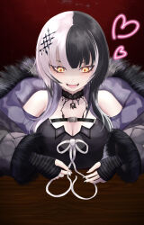 1girl absurdres black_arm_warmers black_choker black_coat black_dress black_hair black_nails breasts choker cleavage coat dress fur-trimmed_coat fur_trim heart highres hololive hololive_english medium_breasts multicolored_hair open_mouth purple_coat ribbon salome_(artist) shiori_novella shiori_novella_(1st_costume) solo split-color_hair striped_arm_warmers table two-sided_coat two-sided_fabric two-tone_hair virtual_youtuber white_hair white_ribbon yellow_eyes
