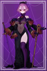 1girl absurdres animal animal_on_head ascot bare_shoulders black_ascot black_sclera black_skirt black_sleeves breasts bug cane center-flap_bangs closed_mouth colored_sclera commentary commission covered_navel detached_sleeves ekrea_jan extra_arms frilled_sleeves frills full_body gloves highres holding holding_cane holding_sword holding_weapon large_breasts leotard light_smile long_skirt looking_at_viewer on_head original pointy_ears purple_background purple_gloves purple_hair purple_thighhighs red_eyes see-through_clothes see-through_leotard short_hair side_slit sidelocks skeb_commission skirt sleeveless_turtleneck_leotard solo spider spider_earrings spider_web_background sword thighhighs underboob weapon