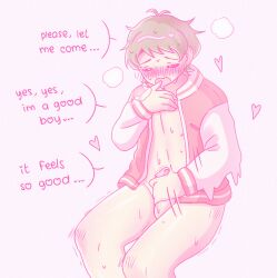 1boy =_= absurdres blush brown_hair closed_eyes clyde_donovan english_text finger_in_own_mouth full-face_blush heart highres jacket male_focus male_masturbation masturbation motion_lines open_clothes open_jacket open_mouth penis pink_background red_jacket rinrin_(wuvpyon) short_hair simple_background solo south_park speech_bubble steam sweat wavy_mouth white_sleeves