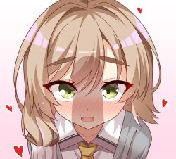 1girl blush bright_pupils brown_hair close-up collared_shirt commentary eyes_visible_through_hair gradient_background green_eyes hair_between_eyes hair_intakes hair_ornament hair_scrunchie highres long_hair looking_at_viewer mikuni_sairi necktie nose_blush open_mouth penis_awe penis_shadow pink_background raised_eyebrows school_uniform scrunchie sesen2000 shirt simple_background smile solo tenshi_souzou_re-boot! thick_eyebrows tsurime upturned_eyes white_scrunchie white_shirt yellow_necktie