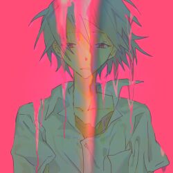 1boy breast_pocket collared_shirt distortion fishcoooo frown grey_hair hair_between_eyes highres male_focus nagisa_kaworu neon_genesis_evangelion orange_shirt pink_background pocket red_eyes shirt simple_background undershirt upper_body white_shirt