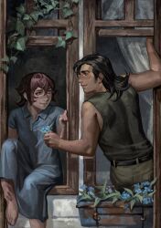1boy 1girl absurdres against_window barefoot belt black_hair blonde_hair blue_dress blue_eyes blue_shirt collared_shirt curtains double-parted_bangs dress flower flower_pot forget-me-not_(flower) full_body green_tank_top hair_between_eyes hand_on_own_leg hetero highres hospital_gown knee_up leaf leaning_out_of_window looking_at_another mullet open_window original shirt short_hair sideburns silverheather smile tank_top toned toned_male window wooden_frame