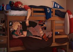 2boys all_might anal bakudeku bakugou_katsuki bed bed_sheet bedroom blanket blush boku_no_hero_academia bones_(company) curly_hair double_bed fangs freckles green_hair kirishima_eijirou messy_hair midoriya_izuku multiple_boys nyxdrawhine on_bed penis poster_(object) red_hair saliva sex shounen_jump sleeping spiked_hair stairs yaoi