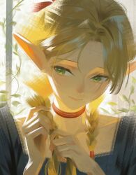 1girl absurdres blonde_hair blue_dress braid choker closed_mouth commentary dress dungeon_meshi elf english_commentary green_eyes highres long_hair marcille_donato nyte_tyde pointy_ears red_choker solo twin_braids
