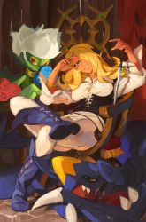 1girl absurdres alternate_costume arceus black_eyes blonde_hair blue_footwear boots bracelet breasts chair commentary creatures_(company) crossed_legs cynthia_(pokemon) dagger eyelashes game_freak garchomp gen_4_pokemon glint grey_pupils hair_ornament hair_over_one_eye hands_up head_tilt highres holding jewelry khyle. knife legendary_pokemon long_hair mythical_pokemon nintendo pants parted_lips pokemon pokemon_(creature) pokemon_dppt roserade sitting smile stone_floor weapon white_pants