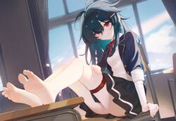1girl aqua_eyes bandaged_arm bandages bare_legs barefoot black_hair black_skirt character_request classroom closed_mouth commission copyright_request curtains daxieshen_huashi desk eyelashes feet feet_on_table frilled_thigh_strap full_body gradient_hair hair_between_eyes hair_ornament hairclip indoors legs long_hair looking_at_viewer miniskirt multicolored_hair pleated_skirt red_eyes school_desk school_uniform sitting skirt smile soles solo thigh_strap toes window