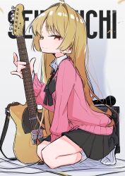 absurdres ahoge amplifier aomoringo black_ribbon blonde_hair bocchi_the_rock! closed_mouth collared_shirt electric_guitar guitar highres holding holding_guitar holding_instrument ijichi_seika instrument kneeling long_hair looking_at_viewer loose_neck_ribbon microphone miniskirt neck_ribbon pink_sweater red_eyes ribbon shadow shirt skirt socks striped_clothes striped_socks sweater white_background white_shirt