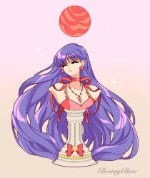 bishoujo_senshi_sailor_moon breasts choker cleavage closed_eyes dress earrings highres hino_rei jewelry mars_(planet) mroczniak_(gloomy_chuu) necklace pedestal princess_mars purple_hair red_choker red_dress upper_body