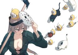 1girl ahoge animal axe azur_lane baby_animal bird black_bra bra breast_pocket breasts brown_hair cat chick cleavage closed_mouth collarbone cosplay friday_the_13th hair_between_eyes hatski.sin highres holding holding_axe holding_weapon jason_voorhees jason_voorhees_(cosplay) jean_bart_(azur_lane) jumpsuit long_hair long_sleeves manjuu_(azur_lane) mask mask_on_head on_head pocket ponytail simple_background smile underwear upper_body weapon white_background