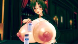 1girl 3d animal_ears blush bottle breasts breasts_out candlestand choker cow_ears cow_girl cowbell ear_tag glasses green_hair highres huge_areolae huge_breasts huge_nipples indoors lactation milk_bottle nipples smile solo