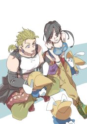 abs beard_stubble black_hair blonde_hair cosplay costume_switch crop_top facial_hair final_fantasy final_fantasy_vi final_fantasy_vii final_fantasy_vii_ever_crisis highres in-franchise_crossover official_alternate_costume oshibainoticket ponytail power_connection rabbit sabin_rene_figaro sabin_rene_figaro_(cosplay) smile stubble tank_top tifa_lockhart tifa_lockhart_(cosplay) trait_connection