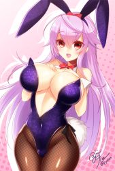 Rule 34 | 1girl, :d, animal ears, bare shoulders, blush, bow, bowtie, breast suppress, breasts, center opening, cleavage, collarbone, covered navel, cowboy shot, detached collar, drop shadow, fake animal ears, female focus, fishnet pantyhose, fishnets, highleg, highleg leotard, hlz, large breasts, leotard, long hair, looking at viewer, no bra, open mouth, pantyhose, playboy bunny, purple hair, rabbit ears, rabbit tail, red bow, red bowtie, red eyes, sengoku bushouki muramasa, sidelocks, signature, smile, solo, tail, toudou takatora (sengoku bushouki muramasa), twitter username, underboob, very long hair, wrist cuffs