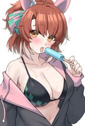 1girl animal_ears bikini bikini_under_clothes black_bikini black_jacket blush breasts brown_eyes brown_hair cleavage commentary_request dantsu_flame_(umamusume) ear_covers food half_updo highres holding holding_food holding_popsicle hood hood_down hooded_jacket horse_ears horse_girl jacket kibihimi large_breasts long_sleeves looking_at_viewer melting_popsicle popsicle short_hair simple_background single_bare_shoulder single_off_shoulder solo swimsuit tongue tongue_out umamusume upper_body wet white_background