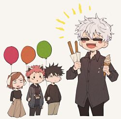 :d ^_^ animal_ears balloon black_hair black_hoodie black_pants black_shirt blush brown_eyes brown_hair brown_pants brown_skirt churro closed_eyes collared_shirt commentary_request cowboy_shot deka_power facial_mark fake_animal_ears food fushiguro_megumi gojou_satoru highres holding holding_balloon holding_food hood hoodie ice_cream itadori_yuuji jitome jujutsu_kaisen kugisaki_nobara long_skirt long_sleeves open_mouth pants pink_hair shirt short_hair simple_background skirt smile sunglasses v-shaped_eyebrows white_background white_hair