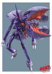 beam_cannon cable commentary_request funnels_(gundam) gradient_background grey_background gundam gundam_gquuuuuux highres kikeroga_(gquuuuuux) looking_at_viewer machinery mecha mecha_focus mobile_suit no_humans one-eyed redesign reveal robot science_fiction signature spoilers taiga_hiroyuki thrusters transformation zeon