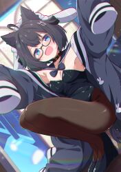 1girl :d absurdres ahoge animal_ears belt_collar black-framed_eyewear black_bow black_collar black_hair black_jacket black_leotard black_pantyhose black_shoes blue_eyes blush bow bowtie breasts brown_pantyhose cat_ears chromatic_aberration cleavage collar commentary_request commission detached_collar dutch_angle fang glasses hair_ornament high_heels highres indoors jacket leotard long_sleeves looking_at_viewer open_clothes open_jacket open_mouth original pantyhose playboy_bunny rabbit_ears sailor_collar semi-rimless_eyewear shiro9jira shoes short_hair skeb_commission sleeves_past_fingers sleeves_past_wrists smile solo squatting strapless strapless_leotard thighs under-rim_eyewear