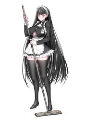 1girl absurdres alternate_costume black_hair black_shoes black_thighhighs blue_archive breasts chinese_commentary cleavage commentary_request enmaided full_body highres holding holding_mop large_breasts long_hair looking_at_viewer maid maid_headdress mop onceskylark red_eyes rio_(blue_archive) shoes simple_background solo thighhighs white_background zettai_ryouiki