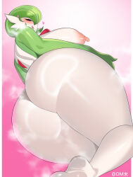 Rule 34 | 1girl, ass, ass focus, blush, bob cut, breasts, colored skin, d.m. mo, from behind, from below, gardevoir, gen 3 pokemon, gradient background, green hair, green skin, hair over one eye, half-closed eyes, happy, heart, highres, huge ass, huge breasts, large areolae, licking lips, looking at viewer, looking back, looking down, multicolored skin, nintendo, nipples, one eye covered, pink background, pokemon, puffy nipples, red eyes, shiny skin, short hair, simple background, smile, solo, steam, steaming body, thick thighs, thighs, tongue, tongue out, two-tone skin, white skin, wide hips