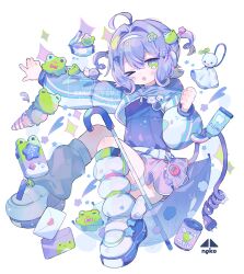 &gt;_o 1girl absurdres ahoge blush cable cellphone commentary_request commission cotono_(nazekun) electric_plug frog frog_hair_ornament green_eyes hair_ornament hairband highres ice_cream_cone jacket leg_warmers letter looking_at_viewer love_letter one_eye_closed original phone purple_hair purple_shirt purple_skirt shirt shoes simple_background skeb_commission skirt sneakers solo tamagotchi_(virtual_pet) teruterubouzu thigh_strap thighs tight_clothes toothpaste two_side_up umbrella unzipped virtual_pet_(toy) watermark white_background white_jacket white_leg_warmers white_shoes