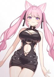 Rule 34 | 1girl, :3, absurdres, animal ears, antenna hair, bare shoulders, belt, black belt, black dress, black ribbon, blush, breasts, cleavage, closed mouth, commentary, dang26041822, dress, hair ornament, hair ribbon, hakui koyori, hakui koyori (dark maid), highres, hololive, large breasts, long hair, looking at viewer, navel, pink hair, purple eyes, ribbon, simple background, smile, solo, stomach, thighs, twintails, virtual youtuber, white background, wolf ears, wolf girl