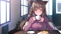 1girl absurdres akashi_aiku animal_ears aqua_eyes blush braid breasts brown_hair butter closed_mouth commission cup door flower food highres holding holding_cup indie_virtual_youtuber jewelry large_breasts long_hair necklace pancake purple_sweater saucer shadow skeb_commission sleeves_past_wrists smile solo souffle_pancake spoon sugar_cube sweater table teroru virtual_youtuber white_flower window
