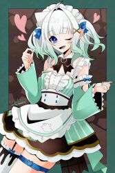 1girl ahoge apron aqua_dress aqua_hair aqua_sleeves blue_eyes border detached_sleeves dress fang green_border grey_hair heart highres indie_virtual_youtuber looking_at_viewer maid_apron mint_fantome mint_fantome_(minto_2.0) one_eye_closed pointy_ears single_thighhigh skin_fang smile solo thigh_strap thighhighs two_side_up virtual_youtuber wagu_neru white_apron white_thighhighs