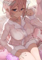 1girl absurdres alternate_costume blue_eyes blush breasts cardigan commentary curtains hair_between_eyes head_wings highres hololive large_breasts long_sleeves looking_at_viewer mimikaki na_nu_017 pajamas pink_cardigan pink_hair pink_pajamas red_nails short_hair shorts sleepwear smile solo takane_lui virtual_youtuber wings