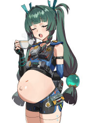 Rule 34 | 1girl, absurdres, belly, cup, dolphin shorts, green hair, hair tubes, highres, long hair, navel, outie navel, pregnant, q haoyu, qingyi (zenless zone zero), robot girl, shorts, sidelocks, simple background, teacup, twintails, white background, zenless zone zero