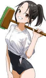 1girl absurdres black_one-piece_swimsuit broom brown_eyes clenched_teeth grin highres holding holding_broom looking_at_viewer manemane_nichinichi nagisa_akane one-piece_swimsuit ponytail shirt short_hair short_sleeves simple_background smile solo swimsuit swimsuit_under_clothes t-shirt teeth tied_shirt white_background white_shirt yamamoto_souichirou