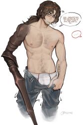 ... 1boy abs arm_tattoo arrow_(symbol) arthropod_limbs beard_stubble brown_eyes brown_hair bulge chest_hair cigarette clothes_pull commentary denim english_commentary facial_hair glasses gregor_(project_moon) highres jeans limbus_company looking_at_viewer low_ponytail male_focus male_underwear motion_lines nipples no_shirt pants pants_pull pectorals ponytail project_moon pubic_hair pulling_own_clothes sidelocks smoking solo speech_bubble spoken_ellipsis stubble sweatdrop tattoo tomoart985 toned toned_male underwear undressing
