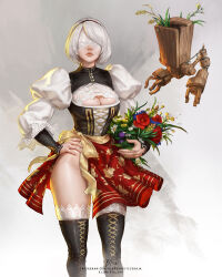 1girl 2b_(nier:automata) absurdres alternate_costume black_boots black_hairband blindfold blondynkitezgraja blue_flower boots bouquet breasts cleavage_cutout closed_mouth clothing_cutout commentary covered_eyes embroidery english_commentary facing_viewer feet_out_of_frame flower grey_hair hairband hand_on_own_hip highres holding holding_bouquet instagram_username juliet_sleeves lace_trim large_breasts lips long_sleeves nier:automata nier_(series) pod_(nier:automata) polish_clothes puffy_sleeves purple_flower red_flower red_skirt short_hair skirt solo standing thigh_boots twitter_username watermark web_address white_flower yellow_flower