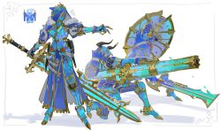 Rule 34 | 1girl, 2others, absurdres, armor, armored boots, boots, breastplate, breasts, cannon, check copyright, copyright request, gauntlets, helmet, highres, holding, holding sword, holding weapon, horns, knife, monster hunter (series), multiple others, nslacka, pauldrons, shield, shoulder armor, simple background, sword, weapon
