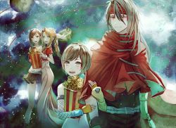 1boy aerith_gainsborough black_hair braid braided_ponytail brown_hair cloak earrings final_fantasy final_fantasy_vii floating_earring food gauntlets gloves headband long_hair mirrorclew planetarium popcorn red_eyes short_hair skirt square_enix suspender_skirt suspenders tifa_lockhart vincent_valentine yuffie_kisaragi