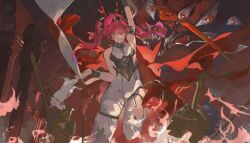 Rule 34 | 1girl, absurdres, arm up, armlet, armor, armpits, black bow, bodysuit, boots, bow, breastplate, breasts, chromatic aberration, commentary, english commentary, hair between eyes, hair bow, hairband, headgear, helmet, highres, jewelry, long hair, looking at viewer, lupa (wuthering waves), medium breasts, metal hairband, parted lips, pink hair, polearm, rabbit, saturn (saturn illus), smile, solo, thigh boots, twintails, unworn headwear, unworn helmet, weapon, white bodysuit, white boots, wolf, wuthering waves