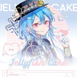 Rule 34 | 1boy, :q, arknights, arrow (symbol), arrow through heart, black hat, black jacket, blue hair, blush, chinese commentary, closed mouth, commentary request, cross, dot nose, earrings, emoji, food, glint, gloves, greek cross, hair between eyes, hair ornament, hairclip, hat, hat ornament, hat ribbon, heart, holding, holding food, jacket, jewelry, lapels, latin cross, long hair, long sleeves, male focus, mizuki (arknights), pin ru de sanjiao hanshu, pink eyes, purple ribbon, ribbon, smile, solo, tongue, tongue out, two-tone ribbon, upper body, white gloves, window (computing), yellow ribbon